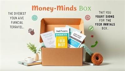 An aesthetically pleasing and inviting visual representation of the MoneyMinds Box subscription service, featuring a beautifully designed box filled with financial literature, tools, and resources, surrounded by motivational quotes and symbols of financial growth and empowerment, conveying a sense of discovery and empowerment for subscribers.