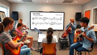 A virtual music lesson scene with a diverse group of students playing different instruments, engaged in learning music theory on a digital whiteboard, and receiving feedback from a music instructor, creating a dynamic and interactive music education environment.