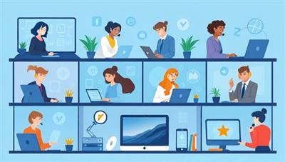 An illustration of a diverse team of tech experts providing virtual support to clients across multiple digital devices, showcasing professionalism and accessibility in remote tech assistance.