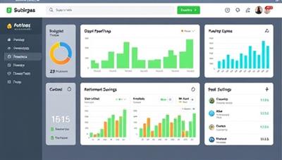 A digital financial dashboard displaying budget tracking tools, investment portfolio analysis, retirement savings projections, and personalized financial goal setting features, illustrating a comprehensive and user-friendly platform for financial empowerment and wealth management.