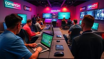 An educational setting in the gaming center with individuals engaged in game development workshops, coding tutorials, and esports coaching sessions, demonstrating the interactive and immersive learning environment of the gaming education center.