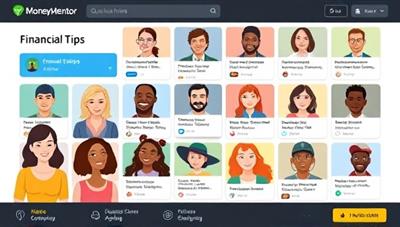 An interactive community forum interface featuring diverse avatars sharing financial tips, success stories, and advice in a vibrant and engaging online space, symbolizing the collective wisdom and collaborative spirit of MoneyMentor Collective.