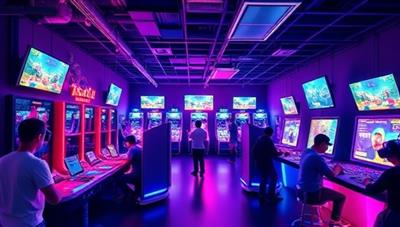 A virtual reality social hub depicting a vibrant VR arcade environment with avatar representations of users interacting, playing games, and exploring virtual spaces together, showcasing the platform's social and immersive gaming features.