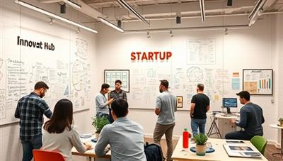 A vibrant startup workspace with whiteboard walls filled with colorful ideas and sketches, founders collaborating on innovative projects, and a lively atmosphere of creativity and entrepreneurial spirit at Startup Innovate Hub.
