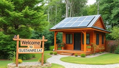 A serene outdoor setting with a cozy eco-friendly cabin surrounded by lush greenery, solar panels on the roof, and a sign welcoming guests to a sustainable retreat, inviting visitors to experience eco-friendly hospitality.