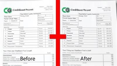 An image of a credit report with a before-and-after comparison, showcasing the transformation of a low credit score into a significantly improved score with the assistance of CreditBoost Pro, symbolizing financial empowerment and progress.