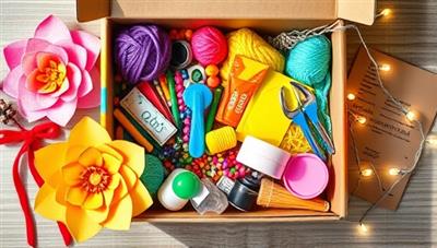 A colorful and vibrant DIY craft kit box filled with assorted materials like yarn, beads, paint, and scissors, accompanied by a beautifully crafted paper flower, a mini sewing kit, and a string of fairy lights, inspiring creativity and artistic expression.