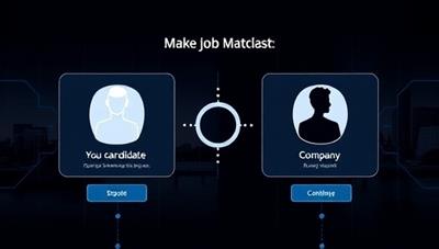 A sleek and modern digital interface displaying a seamless job matching process between a candidate and a company, with AI algorithms working in the background to make the perfect match.