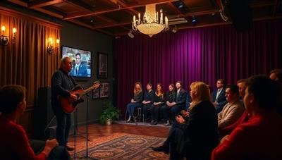 An intimate virtual concert setting with a musician performing live to a small audience, creating a personal and exclusive musical experience for attendees.