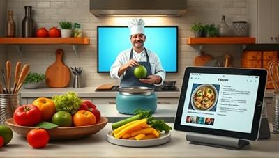A vibrant and inviting kitchen setup with a chef demonstrating a cooking technique on a video call, surrounded by fresh ingredients, kitchen utensils, and a digital recipe displayed on a tablet, creating a dynamic and interactive cooking environment.