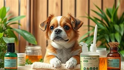 An artistic depiction of a pet enjoying a soothing eco-friendly grooming session surrounded by natural, sustainable grooming products and lush greenery, capturing the essence of gentle care and environmental responsibility in pet pampering.