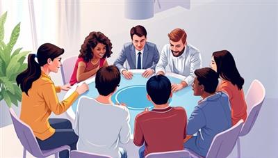 An illustration of diverse individuals collaborating around a digital table, symbolizing teamwork and shared investment goals in the online real estate co-investment platform.