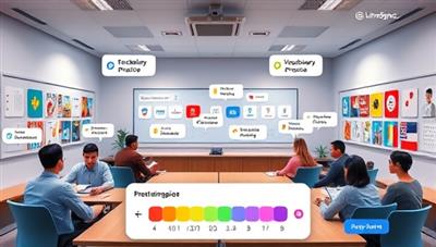 An immersive language learning environment showcasing a virtual classroom with AI tutors interacting with students in various languages, speech bubbles with vocabulary practice, and a progress tracker displaying language proficiency levels, illustrating the dynamic and engaging nature of LinguaSync Academy for language learners.