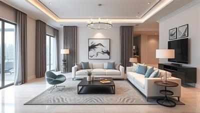 An elegant and modern living room visualization with virtual design elements overlaying the image, showcasing the transformation potential of virtual interior design consultations.
