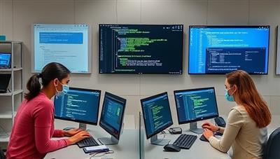 A virtual coding lab environment with mentors assisting mentees in coding projects, debugging code, and discussing programming concepts on digital screens, creating a collaborative and supportive atmosphere for coding mentorship and skill-building.