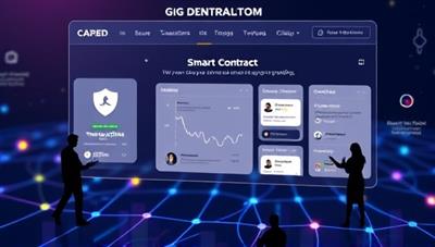 An innovative image of a decentralized gig platform interface powered by blockchain technology, featuring secure transactions, transparent reviews, and smart contract functionalities, highlighting the platform's reliability and efficiency for freelancers and clients alike.