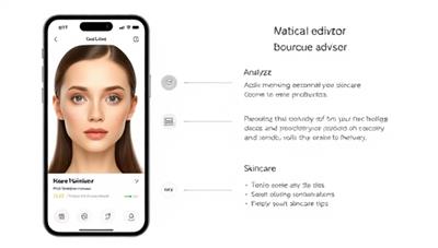 An innovative skincare advisor app interface displaying a virtual beauty assistant analyzing skin data, recommending personalized skincare products, and providing skincare tips, creating a seamless and interactive skincare consultation experience through AI technology.