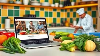 A colorful kitchen setting with a laptop showing a virtual cooking class in progress, fresh ingredients neatly arranged, and a chef guiding participants through a recipe, evoking a sense of culinary exploration and learning.