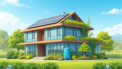An illustration of a modern eco-friendly building with solar panels, green roofs, and rainwater harvesting systems, set against a backdrop of lush greenery and clear skies, illustrating the harmony between sustainable development and nature.
