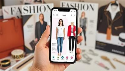 An engaging visualization of a virtual styling assistant suggesting outfit combinations on a smartphone screen, with fashion magazines and accessories in the background, highlighting convenience and style inspiration.