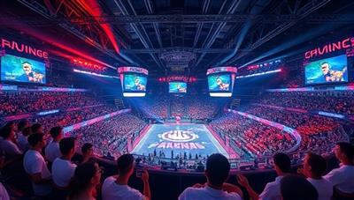 An exciting virtual arena setting with gamers from around the world competing in a high-stakes tournament, with digital scoreboards, cheering crowds, and intense gameplay moments, capturing the competitive spirit of eChampion Arena's gaming tournaments.