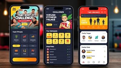 A virtual fitness challenge app interface displaying workout challenges, progress trackers, and community forums, with vibrant graphics and motivational messages to inspire users to stay active and achieve their fitness goals, creating a dynamic and supportive online fitness environment.