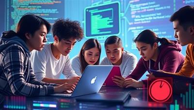 An inspiring digital artwork featuring a group of diverse teens collaborating on a coding project, surrounded by laptops, code snippets, and futuristic digital interfaces, symbolizing teamwork and innovation in the tech industry.