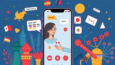 An interactive app interface showcasing a user engaging in a virtual conversation with an AI language tutor, surrounded by vibrant language-themed illustrations, creating an immersive learning experience.