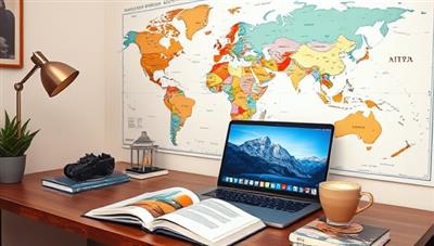 A cozy home office setup with a world map on the wall, travel books on a desk, a laptop displaying exotic destinations, and a cup of coffee, evoking a sense of wanderlust and travel inspiration.