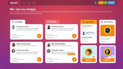 An interactive gamified platform interface displaying various design projects with feedback bubbles and reward badges, showcasing the engaging and competitive nature of the web design feedback community, encouraging active participation and skill development.