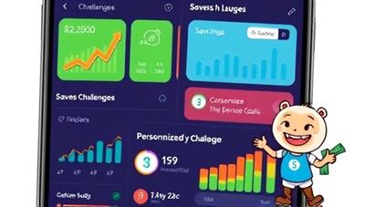 An engaging app interface displaying colorful graphs, savings challenges, and personalized financial goals, with a friendly animated buddy character guiding users through financial tasks, creating a fun and motivating experience.