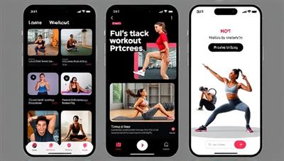 A sleek and modern app interface showcasing different workout programs, nutritional tips, and motivational quotes, with diverse avatars engaging in virtual workouts, promoting inclusivity and diversity in fitness.