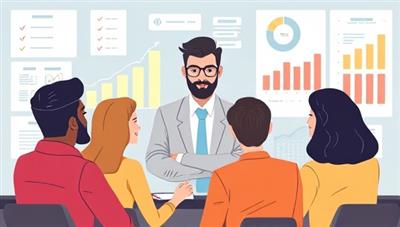 An illustration of a virtual CFO providing financial guidance to a diverse group of startup founders through a digital platform, with charts, graphs, and strategic plans in the background, symbolizing expertise and support in financial decision-making.