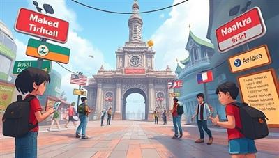 An animated image showcasing a user navigating through a virtual world, translating signs and communicating with characters in different languages, creating an immersive and educational gaming experience.