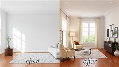 A split-screen image showing a plain room on one side and a beautifully designed room on the other, highlighting the transformative power of virtual interior design services.