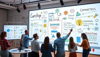 An engaging visual representation of a virtual creativity workshop at IdeaForge Labs, featuring diverse teams collaborating on digital whiteboards, sharing innovative ideas, and brainstorming solutions in a dynamic and creative environment, highlighting the transformative impact of the workshops on business innovation and team effectiveness.