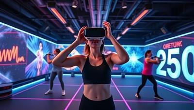An immersive VR fitness arena showcasing users engaging in virtual workout challenges, interactive fitness games, and multiplayer competitions, illustrating a futuristic and engaging approach to fitness training and exercise motivation through virtual reality technology.