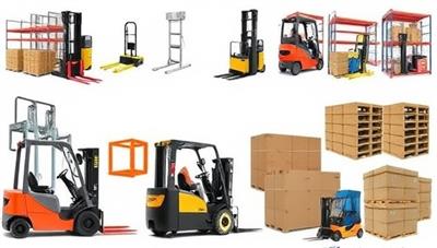 A visually appealing collage of warehouse equipment items available for rent, showcasing a variety of forklifts, shelving units, and packing materials, symbolizing the convenience and versatility of the online warehouse equipment rental marketplace.