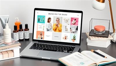 A sleek digital workspace with a laptop displaying a brand mood board, surrounded by beauty product samples, marketing materials, and a notepad with strategic planning notes, symbolizing creativity and professionalism in beauty brand consulting.