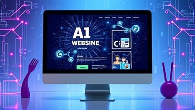 An artistic rendering of a computer screen displaying a mesmerizing AI-generated website design, surrounded by digital graphics symbolizing creativity and innovation in web development.