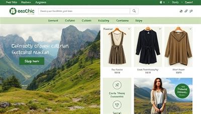 An online marketplace interface showcasing a collection of stylish and eco-friendly clothing items made from sustainable materials, accompanied by images of natural landscapes and eco-conscious fashion statements, embodying the essence of EcoChic Threads' sustainable fashion marketplace.