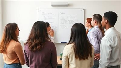 An image of a diverse group of professionals engaged in a training session, with a facilitator leading a discussion on a whiteboard, illustrating inclusivity and collaborative learning in a workplace setting.