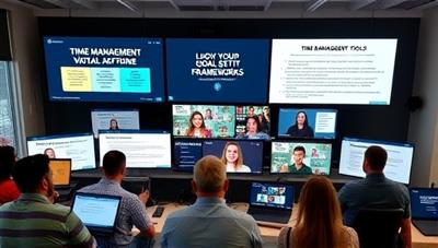 A dynamic virtual bootcamp setting with screens displaying time management tools, goal-setting frameworks, and participants engaging in interactive workshops and coaching sessions, creating a focused and motivational environment for improving time management skills and productivity.