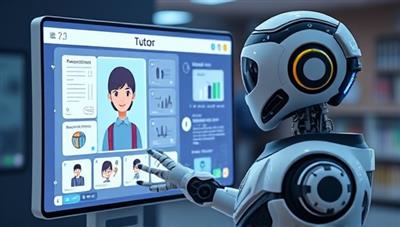 An AI-powered tutoring robot interacting with a student on a digital screen, analyzing data and providing personalized feedback in a futuristic and engaging educational setting.
