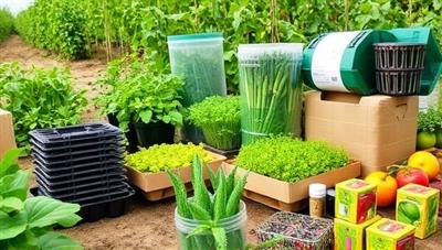 An assortment of plant-based biodegradable packaging products, including seedling trays, mulch films, and fresh produce containers, displayed in a farm setting surrounded by vibrant greenery, emphasizing the sustainability and eco-friendliness of the packaging solutions.