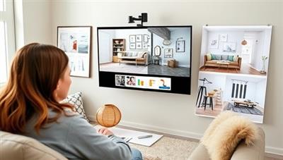 An individual virtually collaborating with an interior designer, discussing room layout ideas and decor choices through a video call, surrounded by design inspiration boards and virtual room renderings, highlighting the personalized and creative design process offered by DesignDive in a stylish and modern setting.