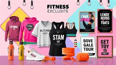 A vibrant digital artwork showcasing a lineup of trendy fitness merchandise items, including apparel, water bottles, resistance bands, and motivational posters, styled with influencer endorsements and personalized touches, creating a sense of exclusivity and style for fitness enthusiasts.