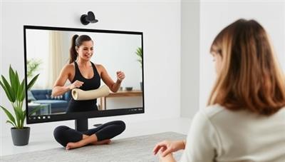 A virtual wellness coaching session with a coach guiding a client through a fitness routine, meal planning, and stress management techniques in a supportive and motivational online environment, reflecting the holistic approach of WellnessWave's coaching platform.
