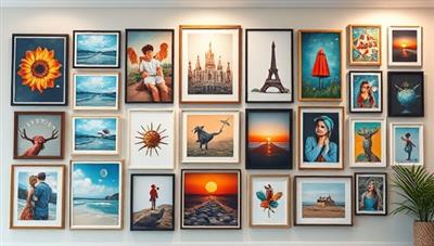 An artistic display of a gallery wall adorned with a diverse collection of digital art prints sourced from ArtifyMe, showcasing the versatility, creativity, and personalization options available through the online marketplace, inviting viewers to explore the world of custom digital art creations on ArtifyMe.