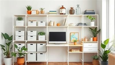 A serene home organization setup with labeled storage bins, neatly arranged shelves, and a decluttered workspace, showcasing an organized and minimalist home environment, surrounded by eco-friendly organizing products and houseplants for a touch of greenery and tranquility.